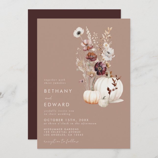 Invitación Boda de calabaza floral de Taupe de otoño rústico (Anverso / Reverso)