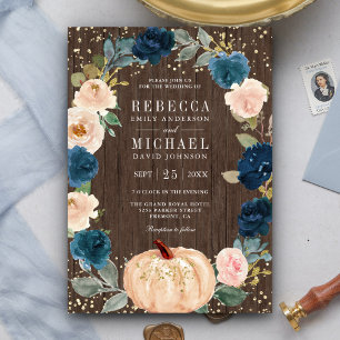 Invitación Boda de calabaza floral Rustic Wood Navy Blue Peac