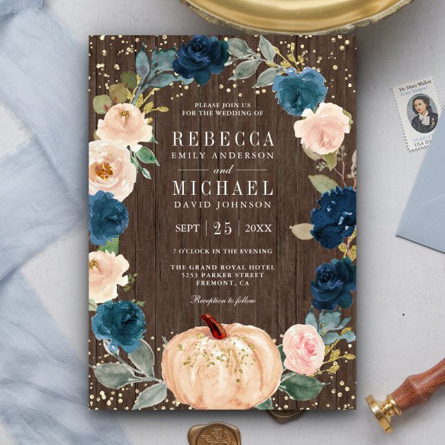 Invitación Boda de calabaza floral Rustic Wood Navy Blue Peac (Subido por el creador)