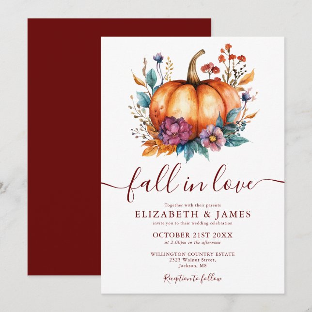 Invitación Boda de calabaza otoñal rústica borgoña enamórate (Anverso / Reverso)