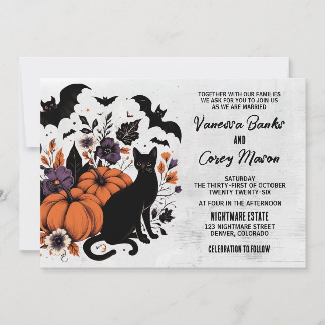 Invitación Boda de calabazas para gatos negros (Anverso)