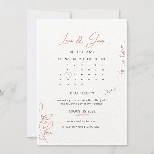 Invitación Boda De Calendario Mínimo Blanco Y Beige Invi (Anverso)