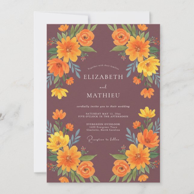 Invitación Boda de caléndula de ochre y eucalipto de ciruela (Anverso)