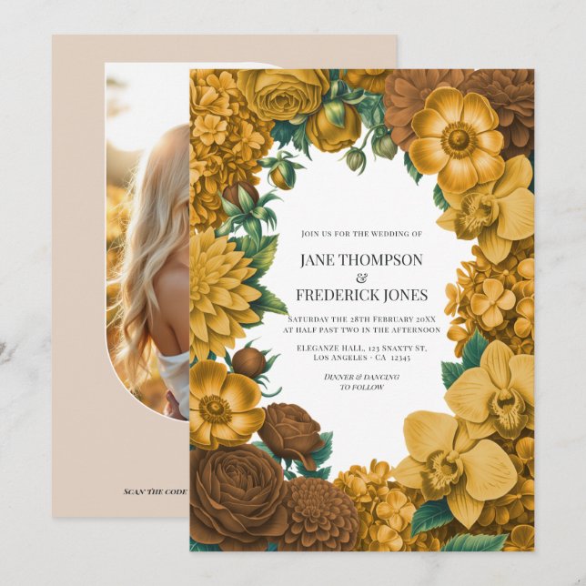 Invitación Boda de Caléndula Dorada, Miel de Terra y Especias (Anverso / Reverso)