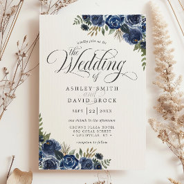 Invitación Boda de caligrafía acuarela de flores azules de la