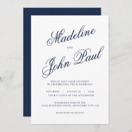 Invitación Boda de caligrafía azul de la marina contemporánea