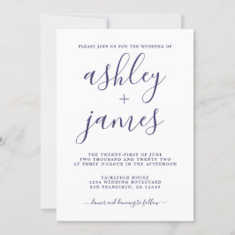 Invitación Boda de caligrafía azul de la marina de Moda simpl