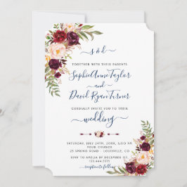 Invitación Boda de caligrafía azul de la marina floral rosa d