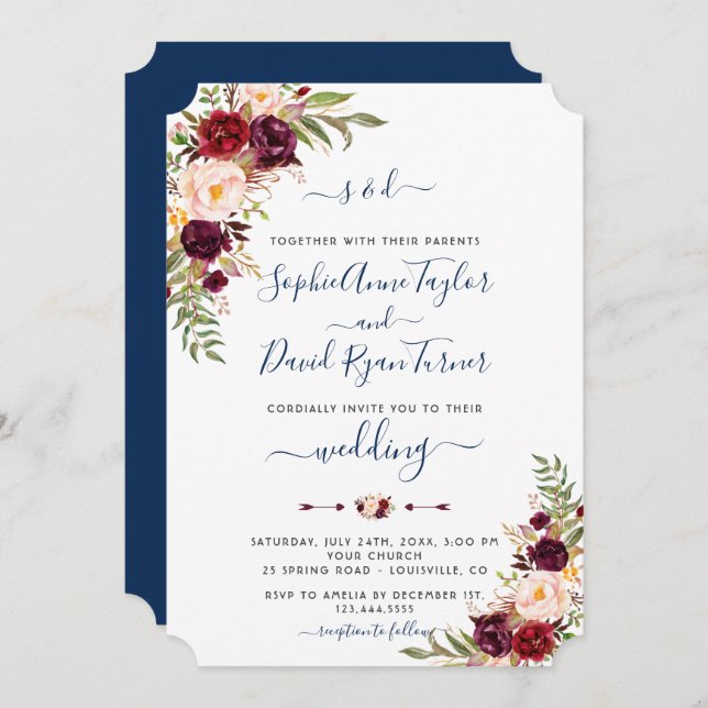Invitación Boda de caligrafía azul de la marina floral rosa d (Anverso / Reverso)