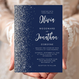 Invitación Boda de Caligrafía Azul Marino con Brillo Plateado