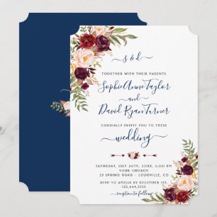 Invitación Boda de Caligrafía Azul Marino Floral Rosa Borgoña
