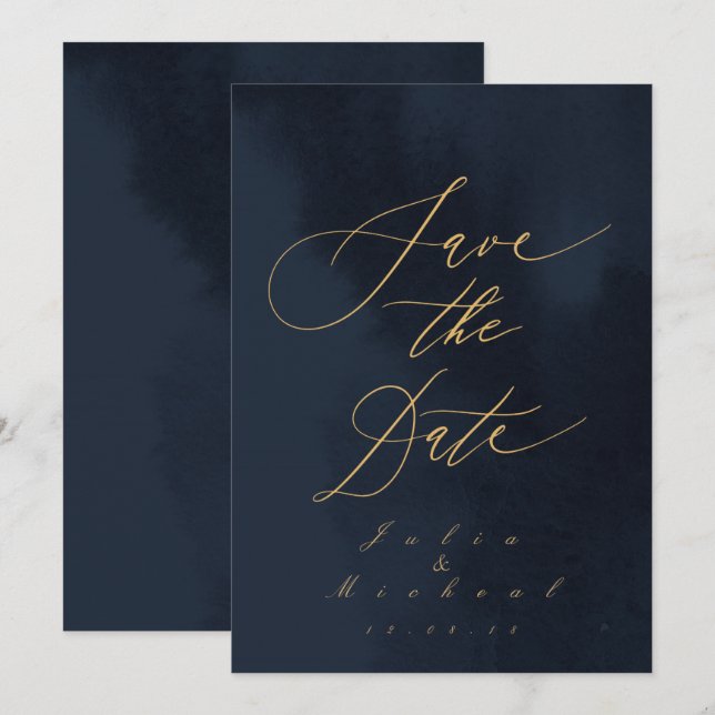 Invitación Boda De Caligrafía Azul Medianoche Salvar La Fecha (Anverso / Reverso)