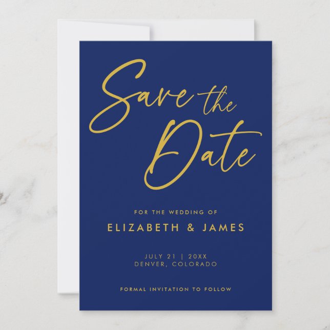 Invitación Boda de caligrafía azul salva la fecha (Anverso)