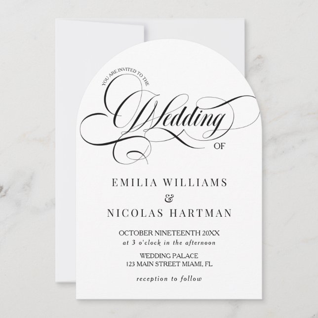 Invitación Boda de caligrafía blanca y negra (Anverso)