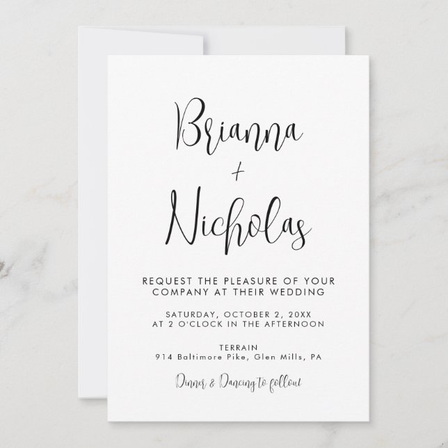 Invitación Boda de caligrafía blanca y negra de código QR (Anverso)