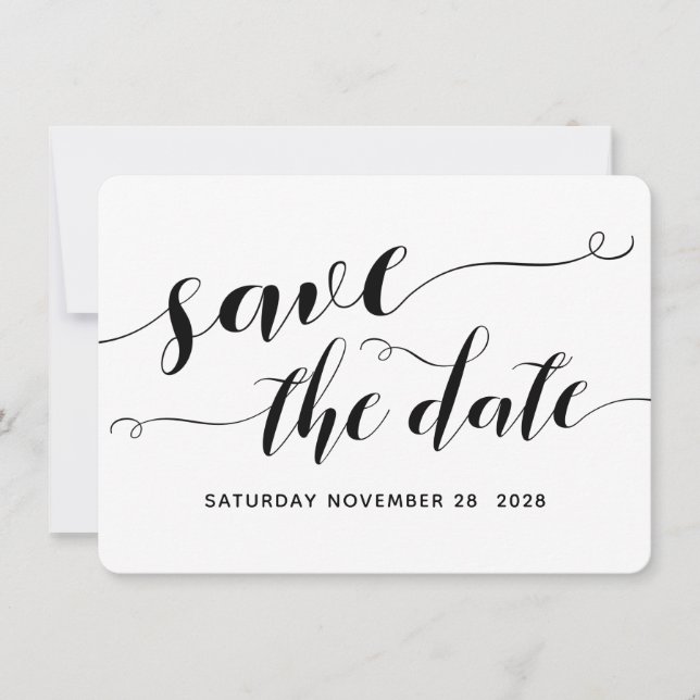 Invitación Boda de caligrafía blanca y negra Save The Date (Anverso)
