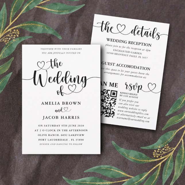 Invitación Boda de caligrafía blanca y negra todo en uno (Subido por el creador)