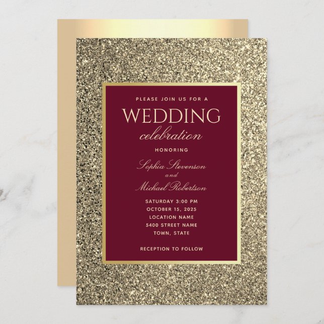 Invitación Boda de Caligrafía Burgundy Glitter Gold (Anverso / Reverso)