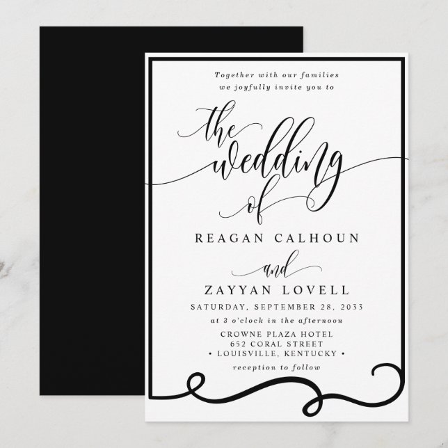 Invitación Boda de Caligrafía Chic en Negro y Blanco (Anverso / Reverso)