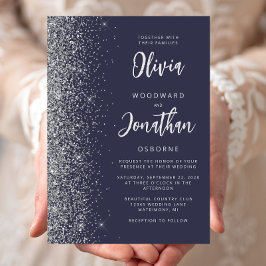 Invitación Boda de Caligrafía con Brillo Plateado Azul Oscuro