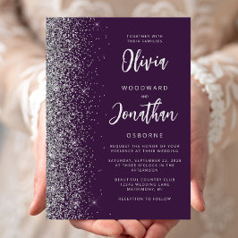 Invitación Boda de Caligrafía con Brillo Plateado Púrpura