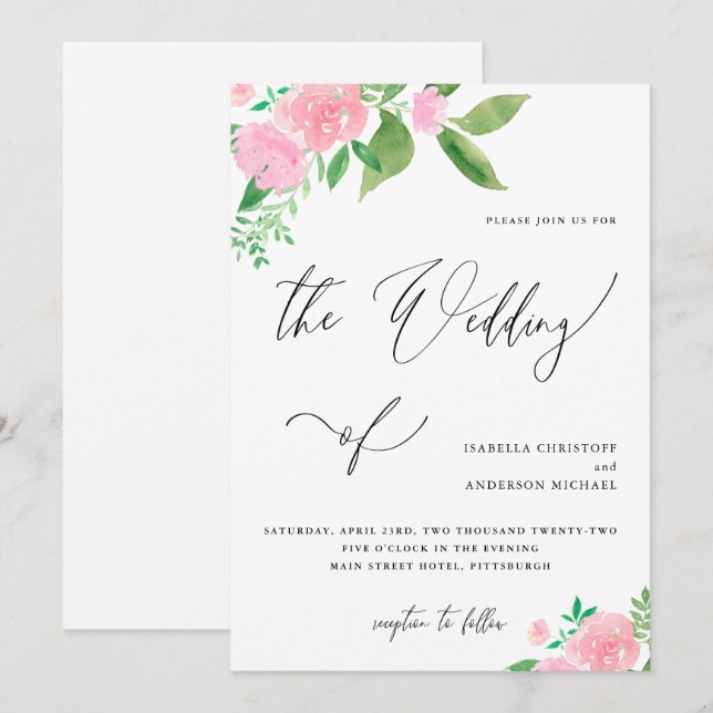 Invitación Boda de caligrafía con buquet rosa bonito (Anverso / Reverso)