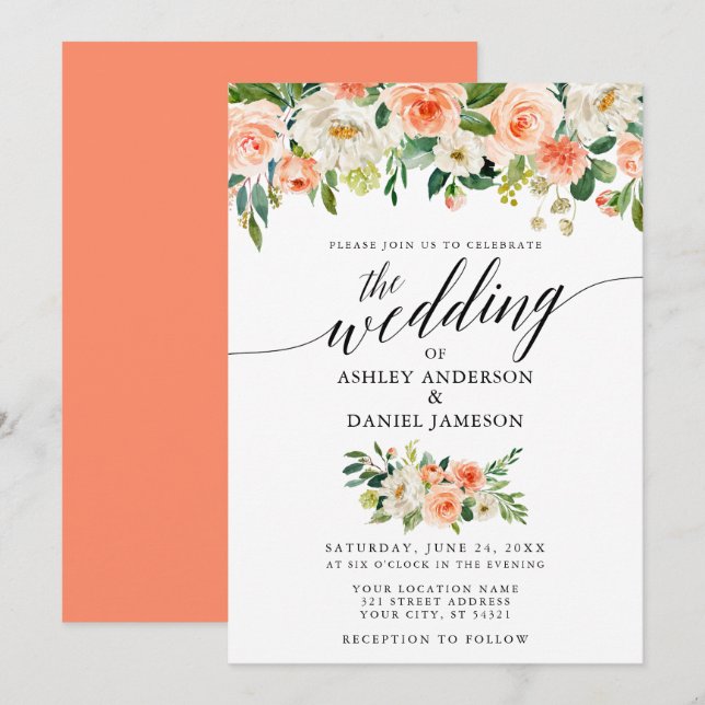 Invitación Boda de caligrafía Coral Floral W (Anverso / Reverso)