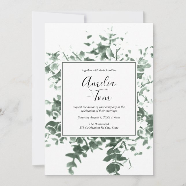 Invitación Boda de caligrafía de acuarela de follaje botánico (Anverso)