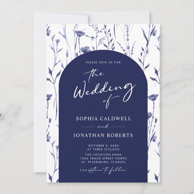 Invitación Boda de caligrafía de arco de moda de Navy Wildflo (Anverso)