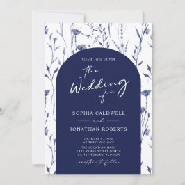 Invitación Boda de caligrafía de arco de moda de Navy Wildflo