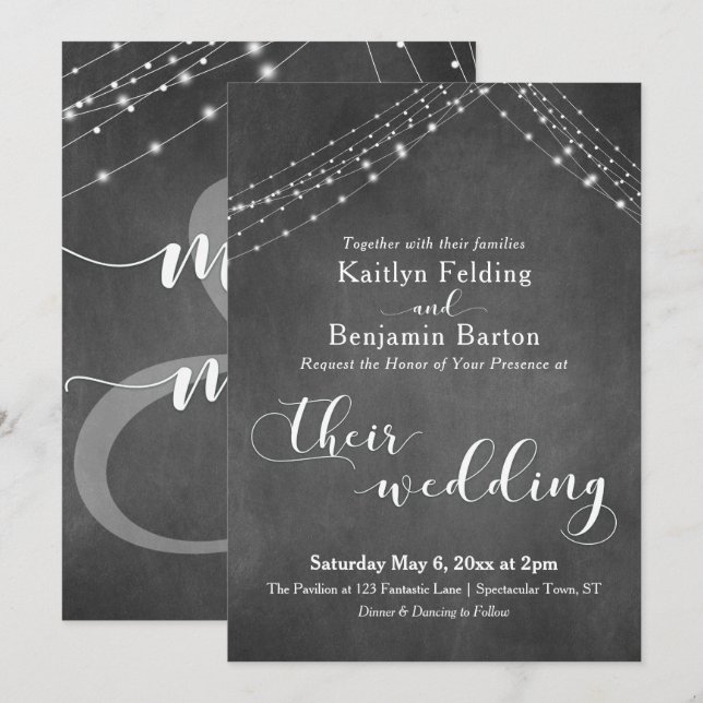 Invitación Boda de caligrafía de cadenas de luz blanca de piz (Anverso / Reverso)