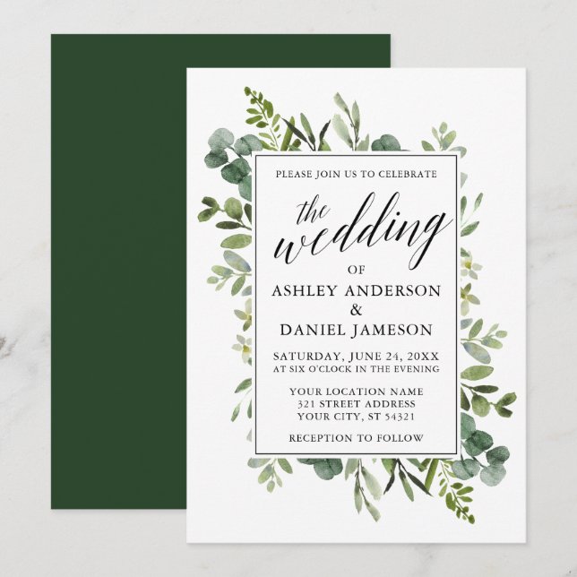 Invitación Boda de caligrafía de color de agua verde (Anverso / Reverso)