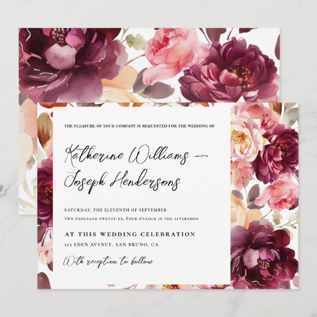 Invitación Boda de caligrafía de escritura de Borgoña con flo (Anverso / Reverso)