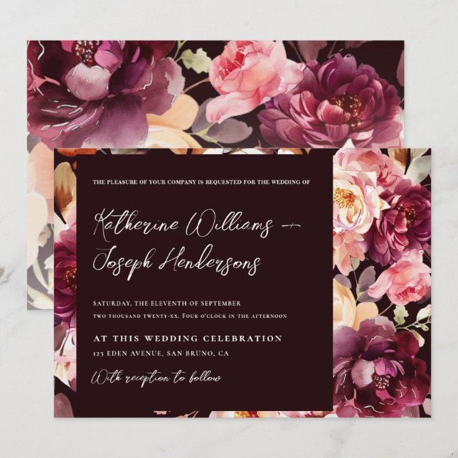 Invitación Boda de caligrafía de escritura de Borgoña con flo (Anverso / Reverso)