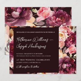 Invitación Boda de caligrafía de escritura de Borgoña con flo