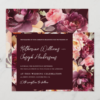 Invitación Boda de caligrafía de escritura de Borgoña con flo