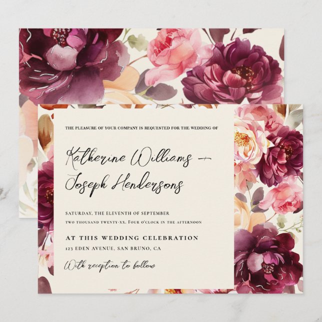 Invitación Boda de caligrafía de escritura de Borgoña con flo (Anverso / Reverso)