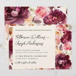 Invitación Boda de caligrafía de escritura de Borgoña con flo