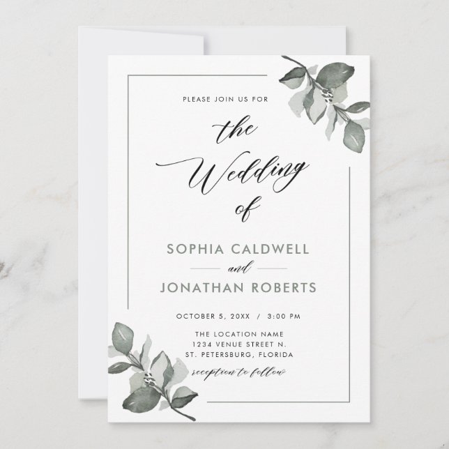 Invitación Boda de caligrafía de eucalipto todo en uno (Anverso)