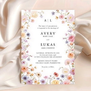 Invitación Boda de Caligrafía de Flores Silvestres en Acuarel