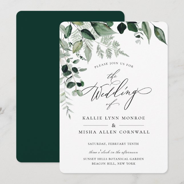 Invitación Boda de caligrafía de follaje botánico natural rús (Anverso / Reverso)