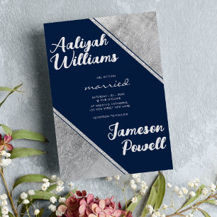 Invitación Boda de caligrafía de guion azul marino plateado