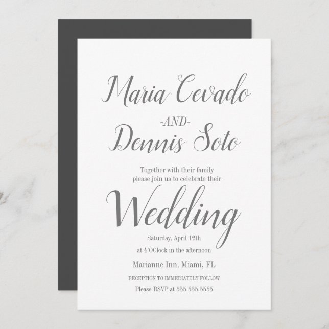 Invitación Boda de caligrafía de guión simple con letras gris (Anverso / Reverso)