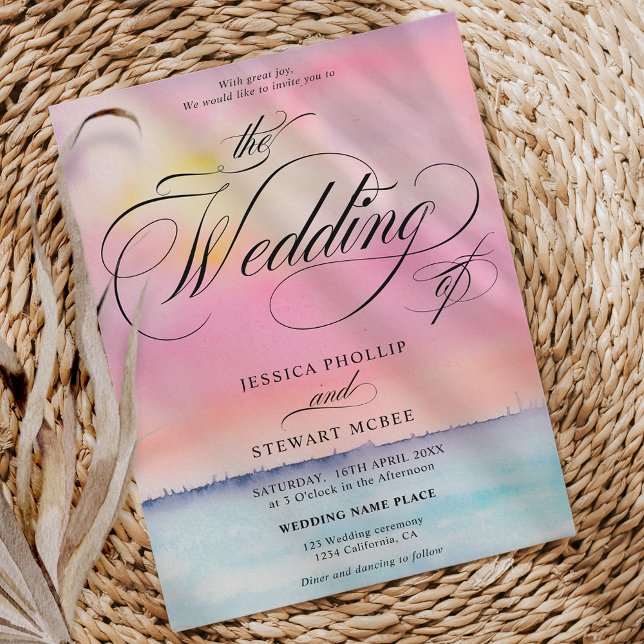 Invitación Boda de caligrafía de la puesta de sol en la playa (Tropical pink beach sunset calligraphy wedding invitation)
