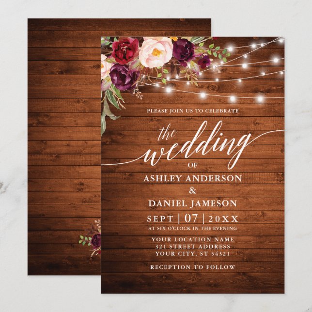 Invitación Boda de caligrafía de las luces florales rusas de  (Anverso / Reverso)