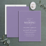 Invitación Boda de caligrafía de lavanda moderna de Lilac<br><div class="desc">Moderno, elegante y moderno, este sencillo y minimalista diseño de boda de lilac lavanda y tipografía blanca presenta "El Boda de" en caligrafía moderna y texto Serif como característica principal de diseño, y se basa en nuestra mejor invitación a la ducha de novia. La parte posterior de la tarjeta presenta...</div>