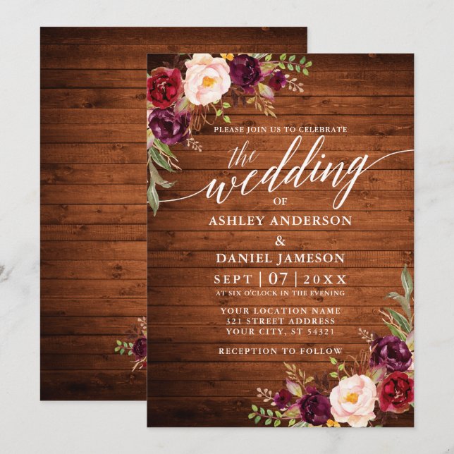 Invitación Boda de caligrafía de madera rústica floral borgoñ (Anverso / Reverso)