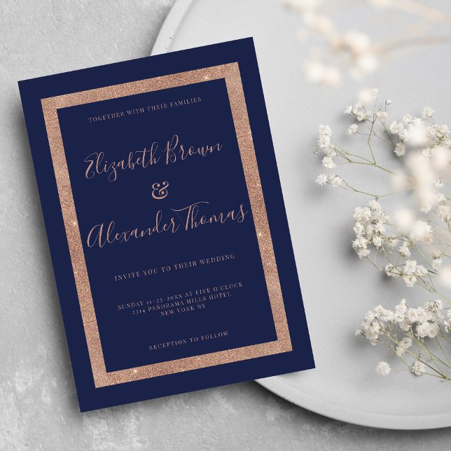 Invitación boda de caligrafía de marco dorado rosa azul marin (Chic navy blue rose gold frame calligraphy wedding)