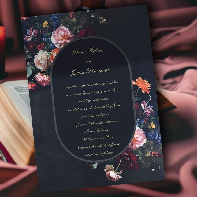 Invitación Boda de caligrafía de marco móvil romántico oscuro (dark romantic wedding invitation fairytale romance black navy dutch masters floral calligraphy)