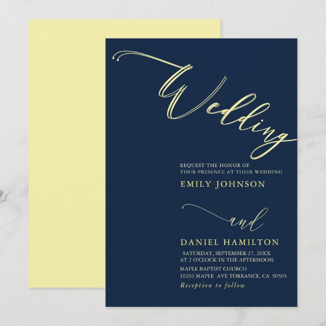 Invitación Boda de caligrafía de marina gris amarillo moderno (Anverso / Reverso)